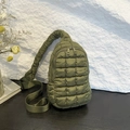 Army green quilted nylon crossbody bag with adjustable strap and diamond pleated design - Army Green