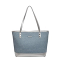 Grande borsa tote in denim blu con profili e manici metallici argentati da donna - Denim Blu Con Argento