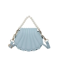 Light blue shell-shaped crossbody bag with elegant pearl bead handle and gold hardware - Blue