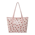 Pink tote bag for women featuring all-over red strawberry print and glossy finish - Strawberry Style