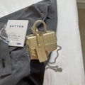 Golden woven texture mini square bag with top handle and metallic chain strap - Gold Small