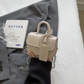 Chic beige woven mini crossbody bag with silver chain strap and fashion tag detail - Beige White Small