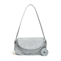 Minimalist light blue shoulder bag in textured fabric with silver chain and long strap - Light Blue