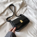 Minimalist black leather crossbody square bag with vintage gold metal buckle - Black