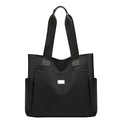 Minimalist black nylon tote bag with wide strap handles and silver metal plate - Black
