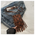 Close-up of brown snakeskin pattern PU leather mini bag with decorative long fringe - Orange
