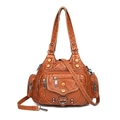 Vintage brown washed leather tote bag with multiple pockets and bronze rivet details - Brown
