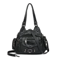 Vintage black washed leather tote bag with multi-pocket design and rivet details - Black