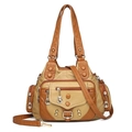 Contrast color washed leather handbag with multiple pockets and rivets for women - Khaki