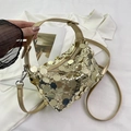 Golden sequin handbag with round metallic discs and adjustable long shoulder strap - Gold