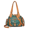 Green and brown faux leather tote bag with multi-pockets, rivets, and a gold leaf charm - Green
