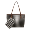 Klassisches schwarz-weißes Hahnentritt-Tote-Bag-Set mit braunen Henkeln auf weißem Grund - Schwarz