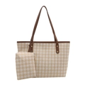 Modisches Hahnentritt-Tote-Bag-Set mit braunen Ledergriffen und passender Tasche - Khaki
