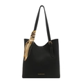 Minimalist black faux leather tote bag with white stitching and decorative silk scarf - Black