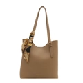 Minimalist large brown leather tote bag with silk scarf accent and fashion lettering - Khaki