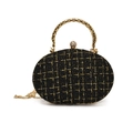 Elegant black and gold tweed evening clutch with metal ring handle and chain strap - Black