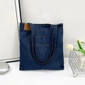 Large capacity dark blue denim tote bag with orange stitching and brown PU leather patch - Style 1