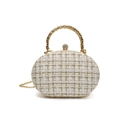 Elegant white and gold tweed clutch bag with crystal buckle and metal handle - White
