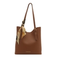 Brown leather tote bag with vintage print silk scarf decoration for office commuting - Tan