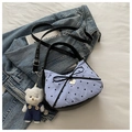 Blue and white striped crossbody bag with black heart dots and a cute plush bear charm - Sky Blue With Pendant