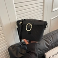 Chic black woven textured crossbody bag with oversized golden oval metal buckle - Black