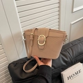 Beige woven texture shoulder bag with leather flap and gold circular buckle - Khaki