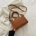 Brown crocodile texture mini tote bag with woven handle and gold hardware detail - Brown
