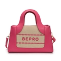 Sac à main en cuir rose fuchsia avec empiècement en toile beige et broderie BEPRO - Rose