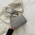 Gray crocodile pattern crossbody bag with woven handle and gold fashion lettering - Gray