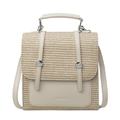 Minimalist straw and white PU leather patchwork mini backpack with top handle strap - Off White