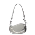 Silver metallic shoulder bag with wavy top, pearl heart chain and knotted strap - Silver