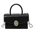 Black glossy patent leather square bag with silver hardware and chain strap - Black