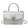 Holographic silver mini crossbody bag with metal chain strap and turn-lock closure - Metallic Silver