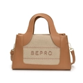 Sac à main en toile marron et beige avec broderie BEPRO et bandoulière en cuir - Kaki