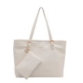 Creamy white PU leather tote bag set with golden hardware and fashion lettering - White
