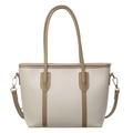 Beige and khaki tote bag with gold hardware and detachable strap in variant style - Beige and Khaki