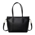 Minimalist black leather tote bag with gold hardware and detachable strap in front view - Black