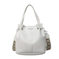 White PU leather bucket bag with bohemian patterned wide strap shown on plain background - Vintage Cracked Style / Off White