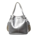 Metallic silver bucket bag with cracked texture and geometric embroidered straps - Cracked Metallic Style / Silver