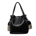 Black glossy leather bucket bag with silver studs and a vintage patterned woven strap - Shiny Oil Wax Style / Black