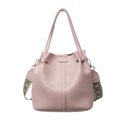 Pink PU leather bucket bag with retro geometric patterned strap and silver hardware - Soft Leather Grain Style / Pink