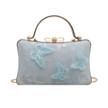 Sac de soirée brodé bleu avec dentelle papillon 3D et poignée en métal doré - Bleu