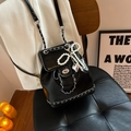 Glossy black mini backpack with silver chain straps and pearl bow decoration - With Pearls / Black