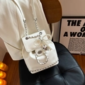 Mini cream PU leather backpack with woven chain straps and pearl bow pendant decoration - With Pearls / Off White