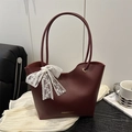 Bolso tote burdeos grande con lazo de encaje blanco y correas dobles para mujer - Rojo