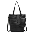 Black leather skull embossed tote bag set with crossbody strap and matching pouch - Tote Bag And Hanging Pouch Set / Black