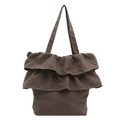 Donkerbruine tote bag met gelaagde ruches en lange schouderbanden voor dames - Lichtgrijs