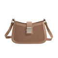 Elegant beige woven hobo shoulder bag with silver metal buckle on white background - Khaki