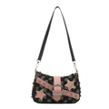 Borsa a spalla Y2K in denim rosa e antracite con stelle, catene e dettagli sfrangiati - Scacchi Nero