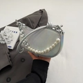 Holographic silver crescent handbag with pearl chain and heart charm detail - Metallic Silver
